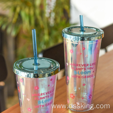 Laser paper printed double plastic cup magic color cup with lid and straw